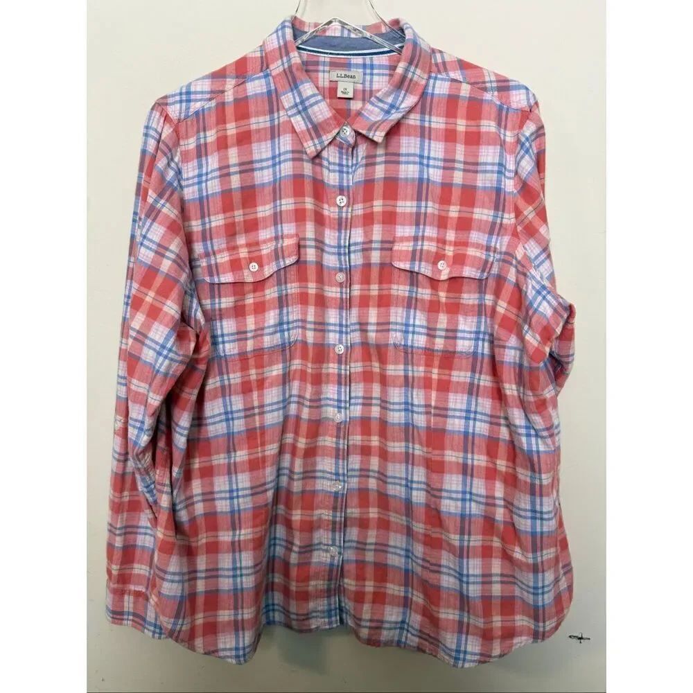 L.L. Bean Women’s Plaid Button Down Shirt 1X Orange Blue 100% Cotton